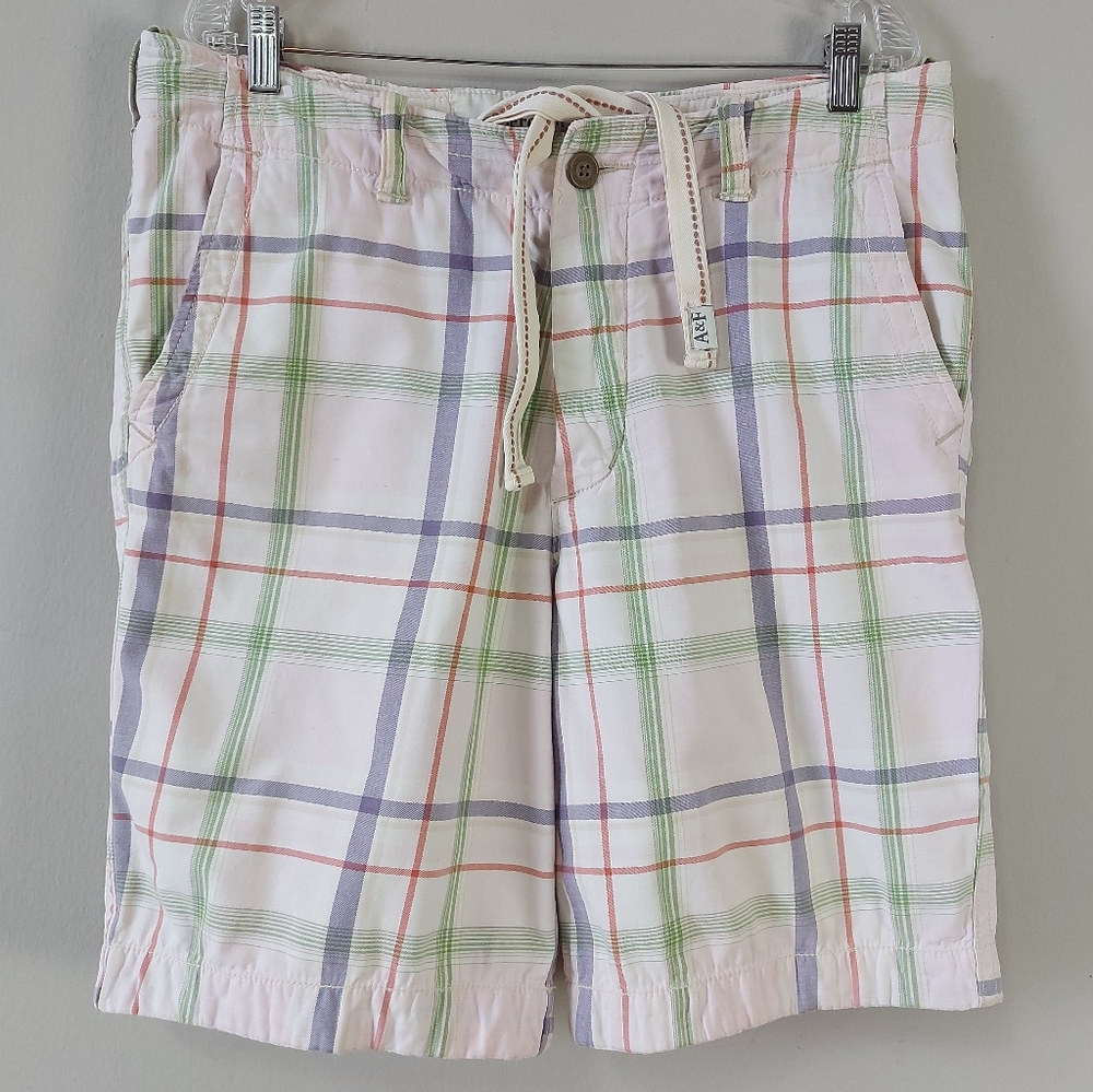 Abercrombie & Fitch Men Plaid Shorts Size 34 Heavy Duty Button Front Drawstring